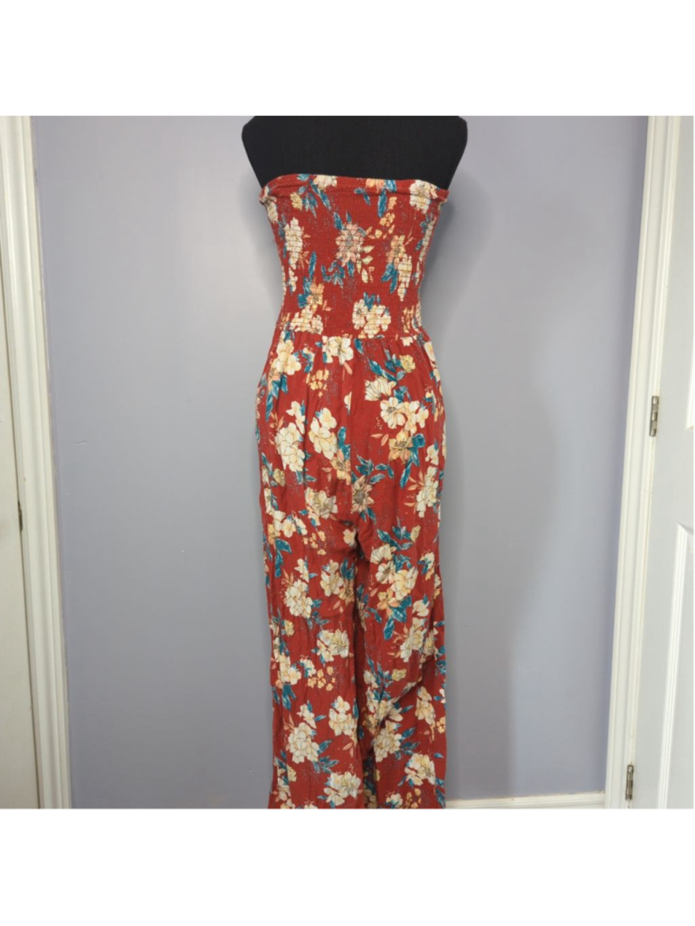 Smocked Floral Strapless Jumpsuit Sz M Wide Leg Rust Orange Boho Chic - Picture 4 of 10